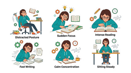 Student's Study Habits: A collage of six illustrations depicts a young student's diverse study behaviors, from distraction to intense focus and calm concentration. © azizunnahar