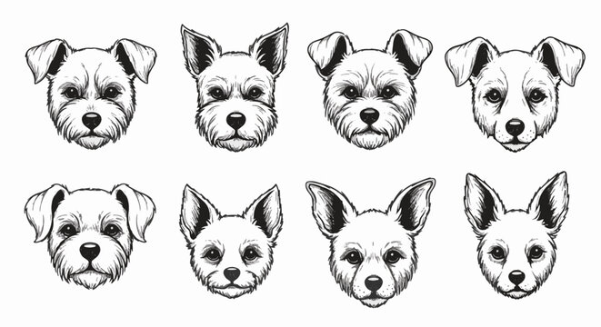 Set of 8 hand-drawn dog head sketches in black and white line art. Features various terrier and puppy breeds with detailed fur textures isolated on a white background.