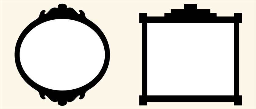 Set of vintage ornate picture frame silhouettes, oval and rectangular antique mirror borders isolated on white background