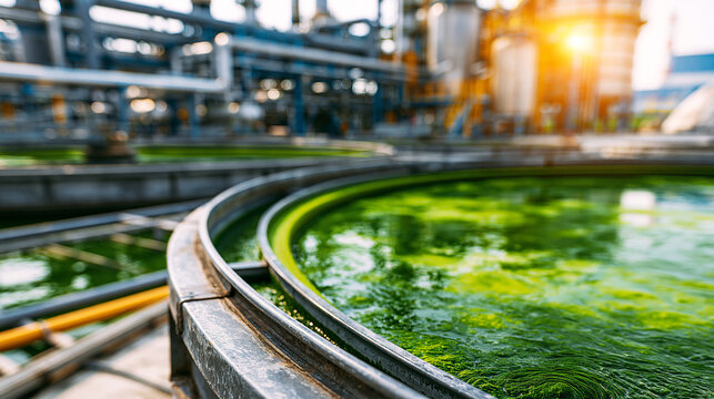 Industrial algae cultivation facility with large circular tanks of green microalgae biomass, renewable energy and biotechnology concept