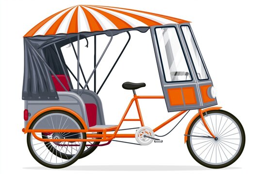 An orange and gray tricycle with a striped canopy for passenger transport