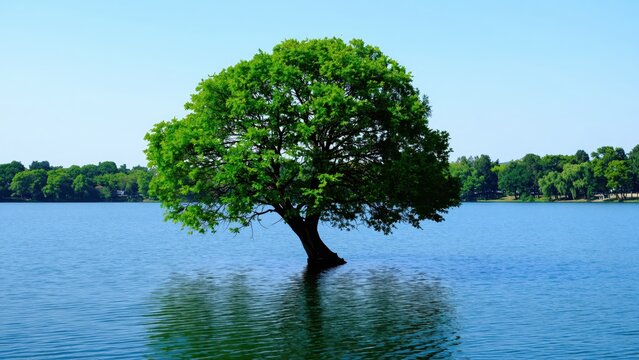 Lone Tree in Water: A vibrant green tree stands resiliently in the middle of a calm, blue body of water, with a lush, forested shoreline in the background under a clear sky.