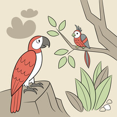 Two colorful parrots perched on a branch with leaves. Cartoon birds in a natural habitat illustration for design projects.