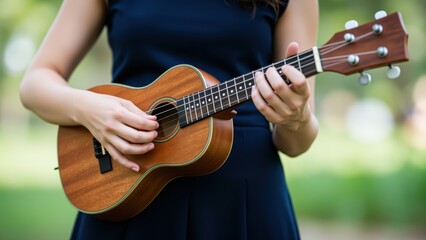 Obraz premium Ukulele Serenade in the Park: A young woman in a navy blue dress plays a ukulele outdoors, her fingers gracefully strumming the strings amidst a blurred green park setting.