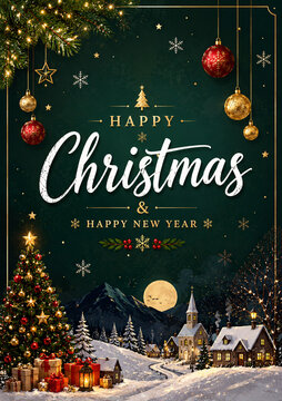 A festive Christmas scene with a decorated tree, ornaments, and a snowy village under a full moon