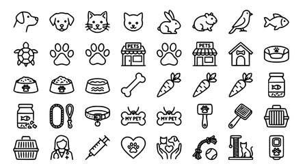 Naklejka premium Pet care and animal companion line icons set dogs cats rabbits birds fish and accessories