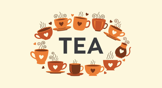 Decorative tea themed graphic with the word TEA surrounded by various styles of steaming teacups and mugs on cream.