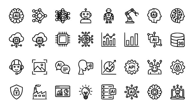 Artificial intelligence technology icons set linear style vector illustration for digital innovation concepts
