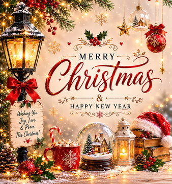 A festive holiday scene with Christmas decorations and warm lighting on a cozy winter night