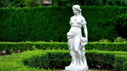 Obraz premium Classical Garden Sculpture: An elegant white marble statue of a woman stands serenely amidst a beautifully manicured garden, surrounded by lush green hedges and vibrant flowers.
