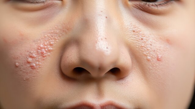 Acne Vulgaris Close-Up: A detailed macro shot reveals a young person's face exhibiting moderate acne vulgaris, with inflamed papules and pustules clustered on the cheeks and around the nose.