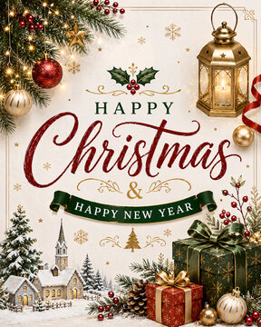 A festive Christmas and New Year greeting card with presents, trees, and decorations