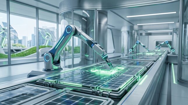 Futuristic robotic arm assembling solar panels in a high-tech automated green energy factory