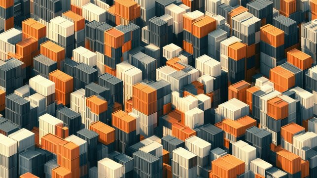 Isometric view of a dense industrial shipping container yard with stacks of orange, white, and dark grey containers arranged in a complex urban pattern