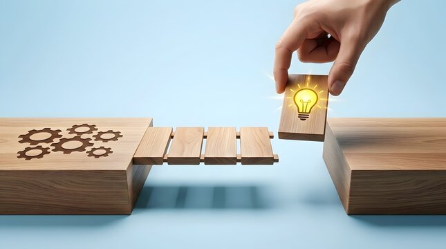 Strategic problem solving concept with hand completing wooden bridge using a glowing lightbulb idea block on blue background
