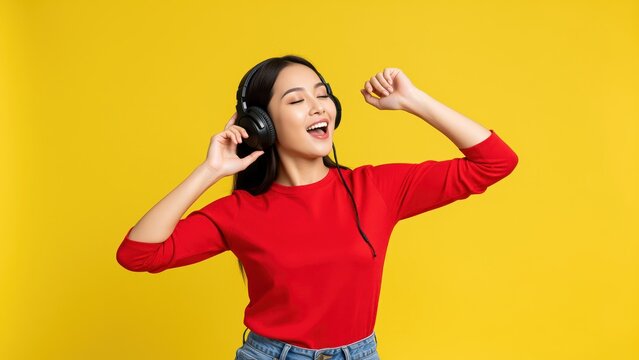 Melody Moment: A young woman with a joyful expression, wearing headphones and a red sweater, enthusiastically sings along to her favorite music, lost in the rhythm.