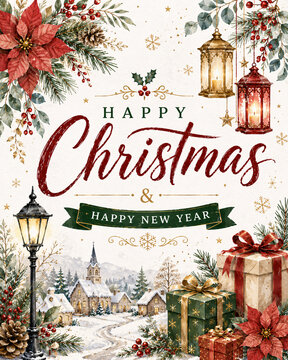 A festive holiday scene with a Christmas and New Year message surrounded by presents and decorations