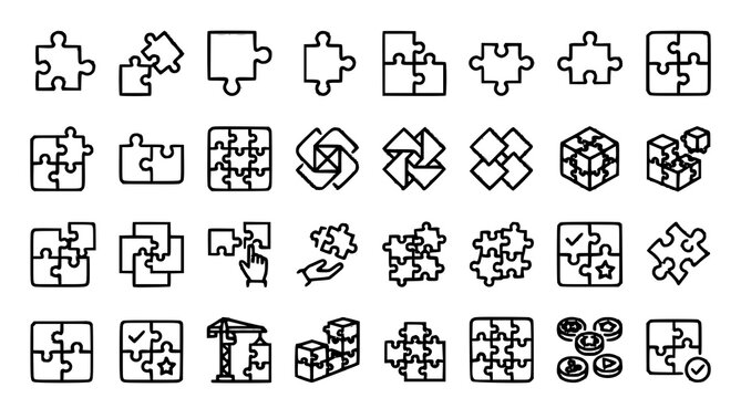 Puzzle piece icons collection linear style vector illustration for games education and problem solving concepts