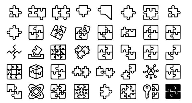 Puzzle piece icon set linear designs for problem solving games and connection concepts