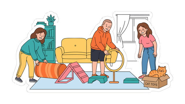 Cat Agility Training at Home: Three people and a cat engage in agility training within a cozy living room, with obstacles like tunnels and ramps set up for feline fun.