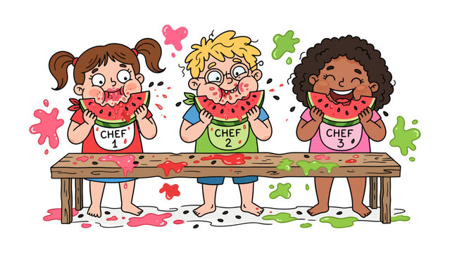 Kids Eating Watermelon: Three joyful children, dressed as chefs and bibs, happily devour slices of watermelon at a wooden table, creating a messy but delightful scene of summer fun and indulgence.