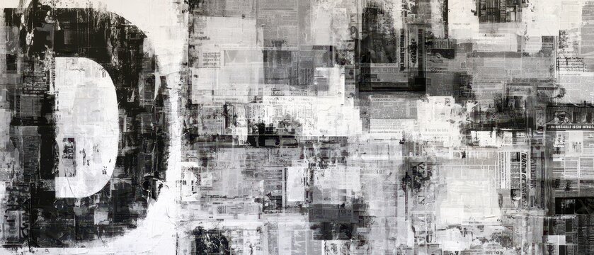 Abstract black and white newspaper collage background with large letter d, grunge textured mixed media art