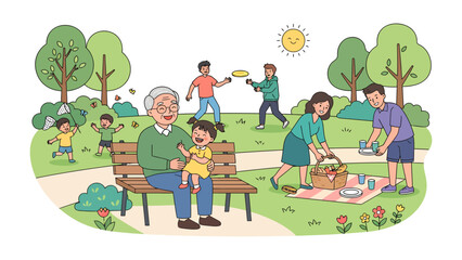 Fototapeta premium A Sunny Day in the Park: Families and friends enjoy a delightful picnic and outdoor games in a vibrant park, under a cheerful sun, creating a scene of joy and togetherness.