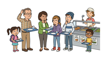 Lunchtime Dilemma: A family and diverse group of children stand in a cafeteria line, contemplating their meal choices with confused expressions, while a server stands ready at the buffet. © Abu