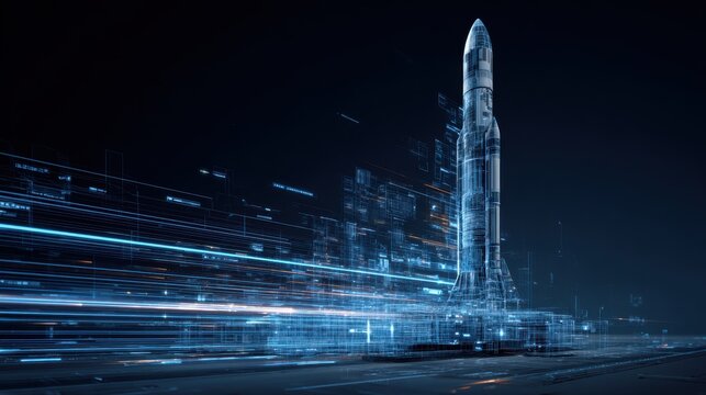 A futuristic rocket ship rises amidst glowing digital data streams. Represents technological innovation.