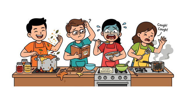 Disaster in the Kitchen: A group of amateur cooks hilariously struggles with a chaotic cooking lesson, resulting in a culinary catastrophe.