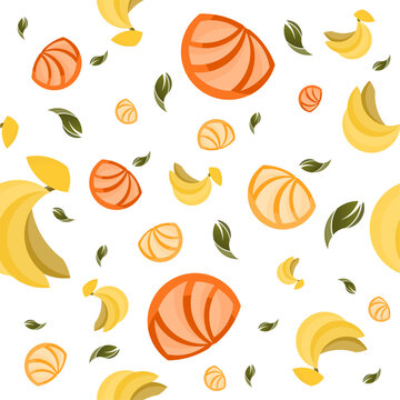 Seamless Tropical Fruit Pattern with Orange, Lemon, Banana and Watermelon Slices
