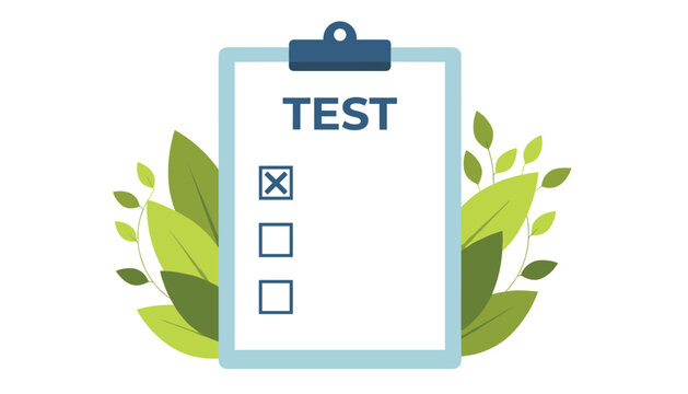 Clipboard with a marked test sheet decorated with fresh green leaves representing environmental checkups or eco tests.