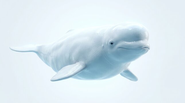 A white beluga whale swims in clear water with a slight smile on its face underwater.