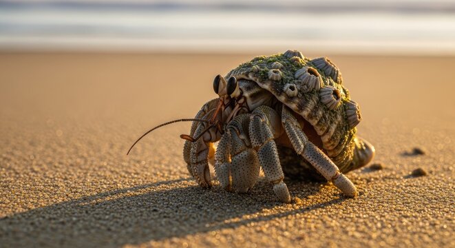 Small hermit crab walking on sandy beach at sunset golden.