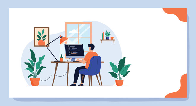 Young software programmer writing programming code on a desktop computer inside his cozy home workspace with plants.