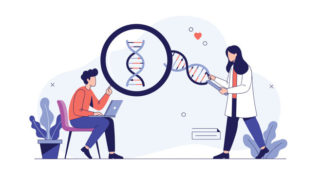Genetic scientists analyze a large DNA helix model using a magnifying glass and a laptop computer in a laboratory.