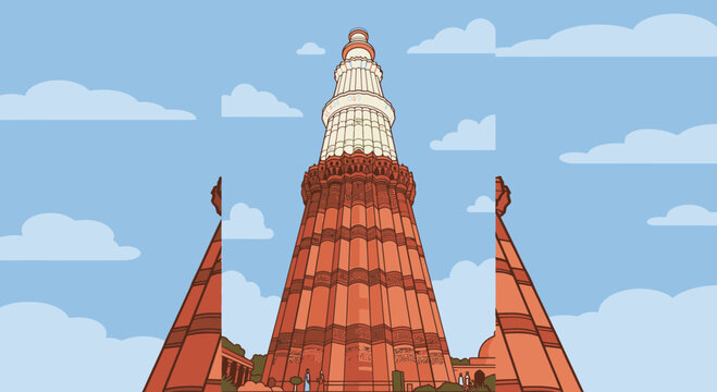 Qutb minar tower in delhi india under a cloudy blue sky