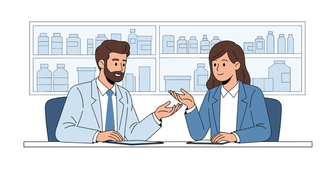 Male doctor or pharmacist discussing medical research with female colleague in pharmacy flat vector illustration.