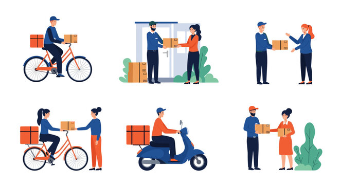 Courier delivery service set with characters delivering packages by bicycle scooter and foot vector illustration.