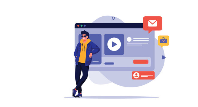 Content creator leaning on web page with video play button and notification badges flat vector illustration.
