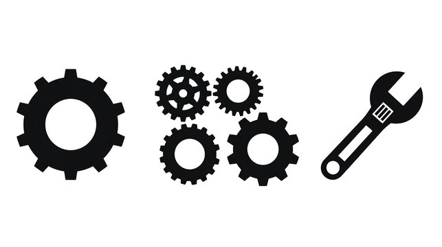 A set of black gear icons and a wrench on a white background for engineering concepts