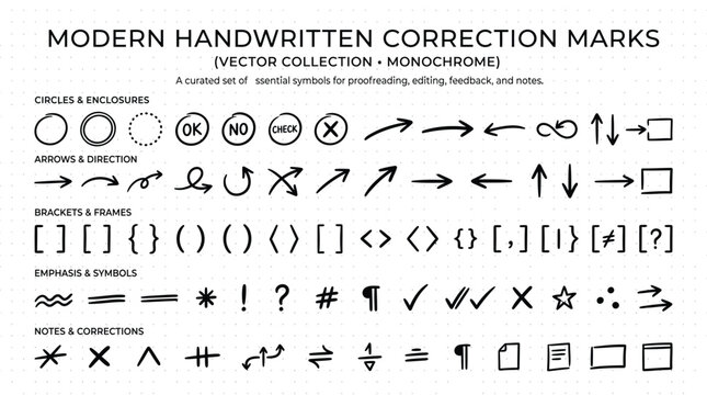 Modern handwritten correction marks, vector collection, monochrome editing symbols