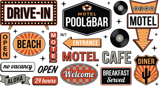 Midcentury americana roadside neon marquee signage pack featuring fifties route sixty six highway travel destination lodging placards