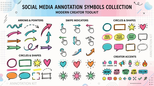 Social media annotation symbols collection, modern creator toolkit, colorful icons