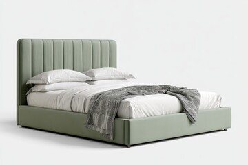 Fototapeta premium Modern sage green upholstered bed with vertical channel tufted headboard isolated on white background