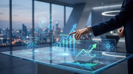 Plakat Businessman touching holographic growth chart, futuristic data analysis interface, financial success concept, AI technology dashboard in modern office with city view background