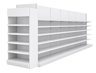 Extended White Retail Aisle Shelving Rack with Promotional Header Board Mockup © AKHMADFAIZUL