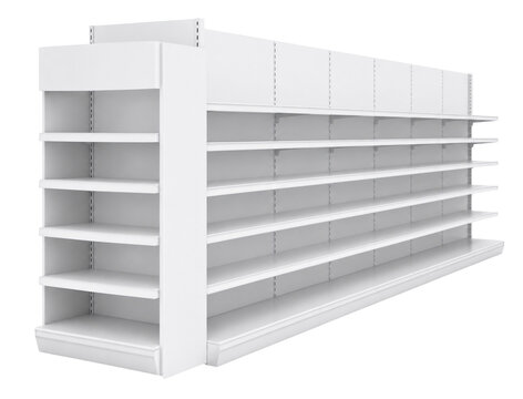 Extended White Retail Aisle Shelving Rack with Promotional Header Board Mockup