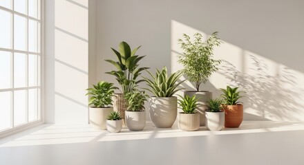 Fototapeta premium Sunlit minimalist room with diverse potted houseplants.