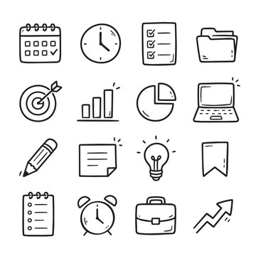Hand drawn business planning icon set with calendar, checklist, clock, charts, target, laptop, folder, light bulb, briefcase and growth arrow in black outline style.